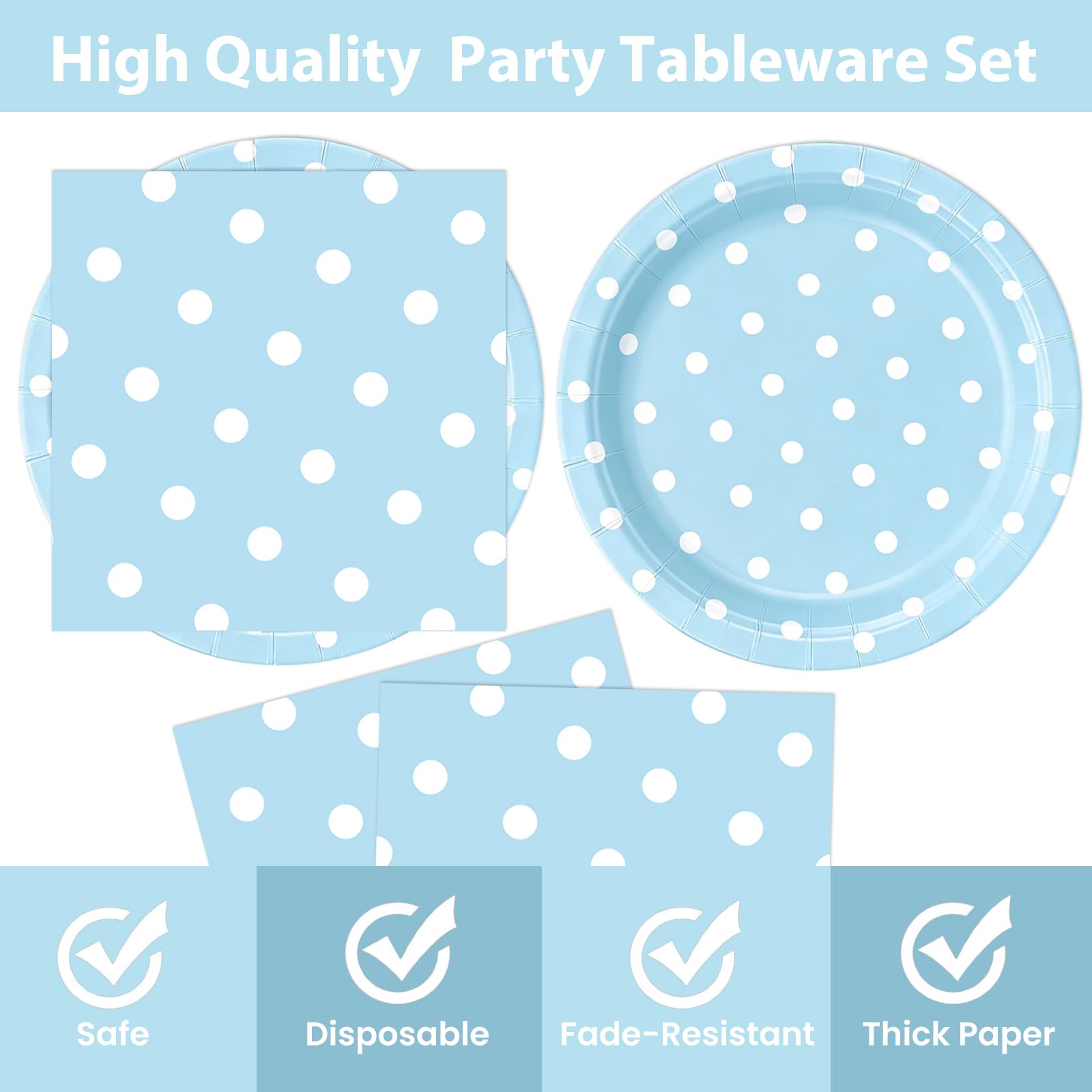 EVYIENEN 50PCS Blue Polka Dot Paper Plates and Napkins Party Supplies, Blue and White Party Plates and Napkins Tableware Set for Birthday Bridal & Baby Shower Wedding Party Decoration