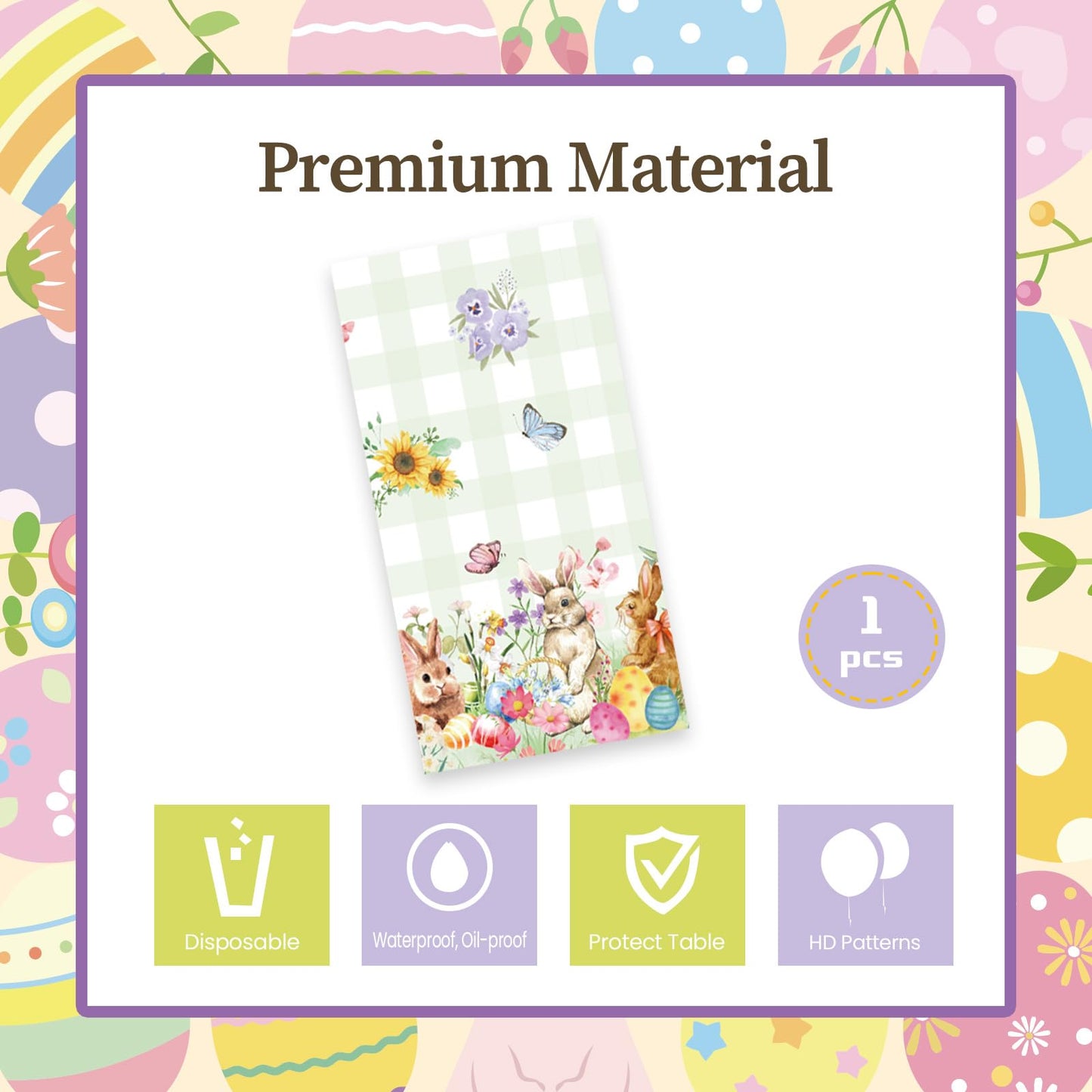 Easter Rectangle Plastic Table Cover, 54x108 Inch Colorful Eggs Bunny and Floral Tablecloth for Easter and Spring Party Decorations
