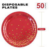 EVYIENEN 50 Pack Red and Gold Paper Plates, 7 inch Metallic Foil Polka Dots Disposable Dessert Party Plates, Perfect for Graduation, Birthday, Weddings, Holiday, Christmas