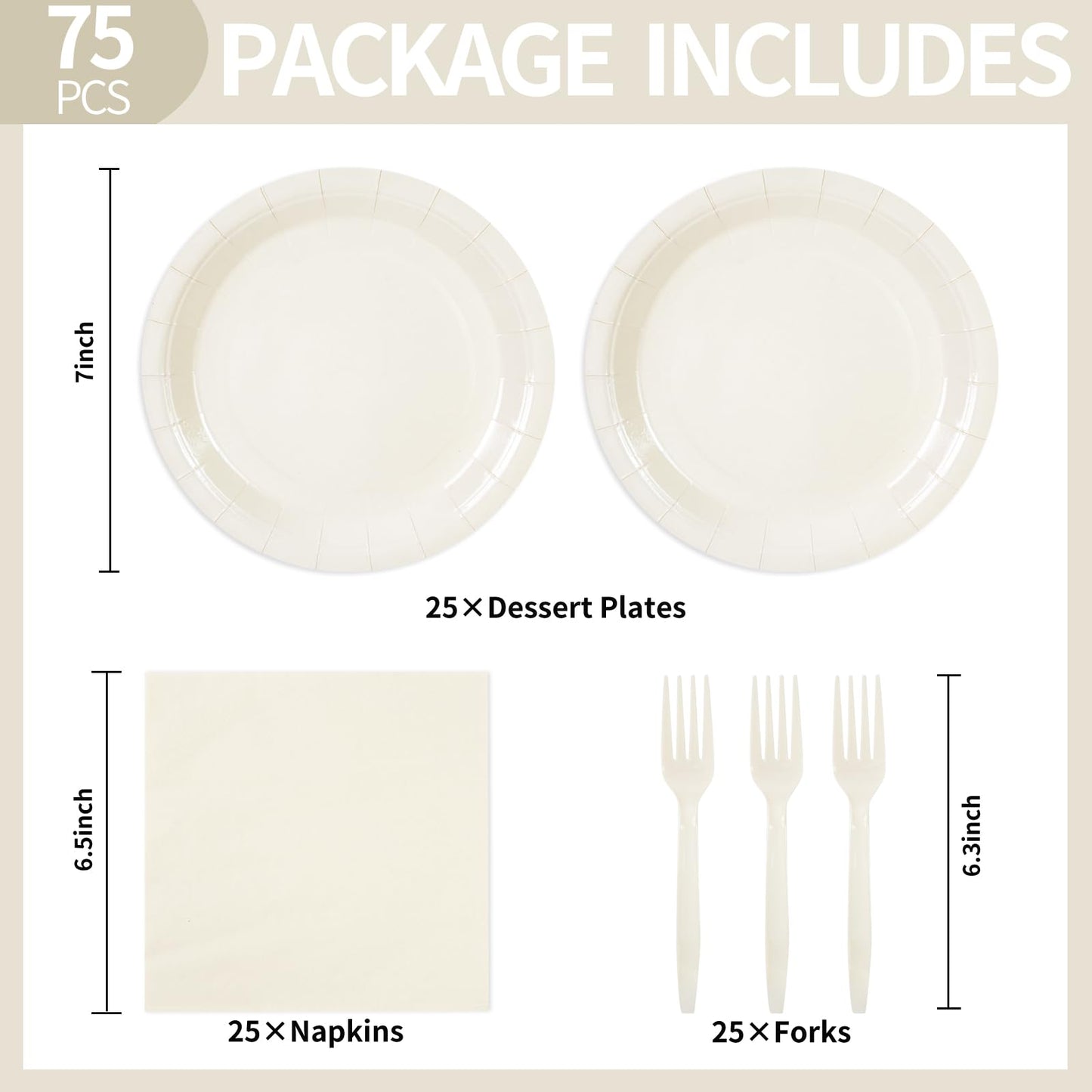 75PCS Paper Plates and Napkins Set, Lvory White Party Supplies Disposable Dinnerware Includes Paper Plates Napkins Forks Decorations for Birthday,Weddings