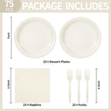 75PCS Paper Plates and Napkins Set, Lvory White Party Supplies Disposable Dinnerware Includes Paper Plates Napkins Forks Decorations for Birthday,Weddings