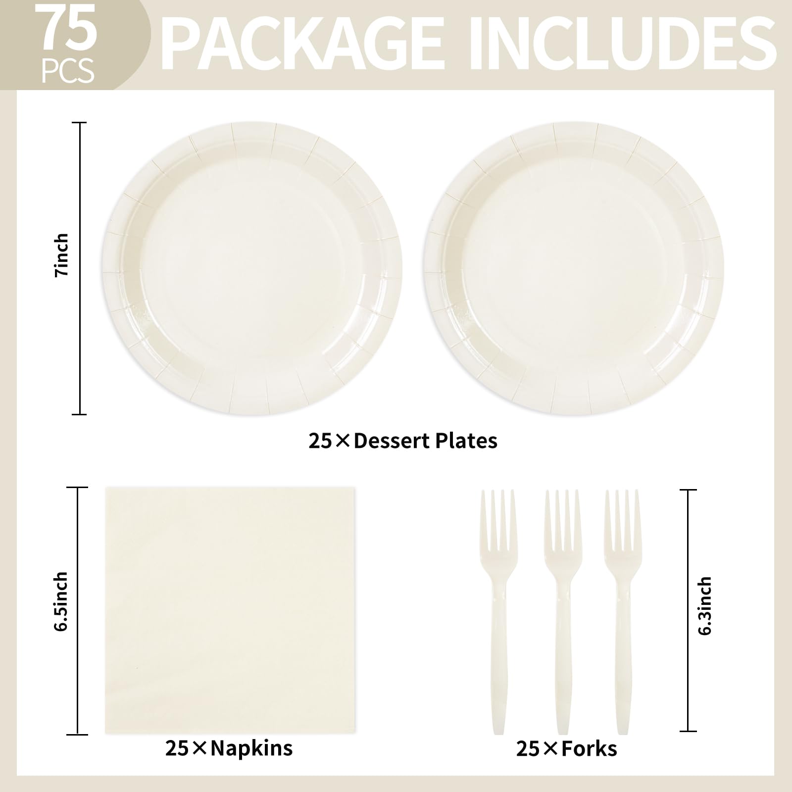 75PCS Paper Plates and Napkins Set, Lvory White Party Supplies Disposable Dinnerware Includes Paper Plates Napkins Forks Decorations for Birthday,Weddings