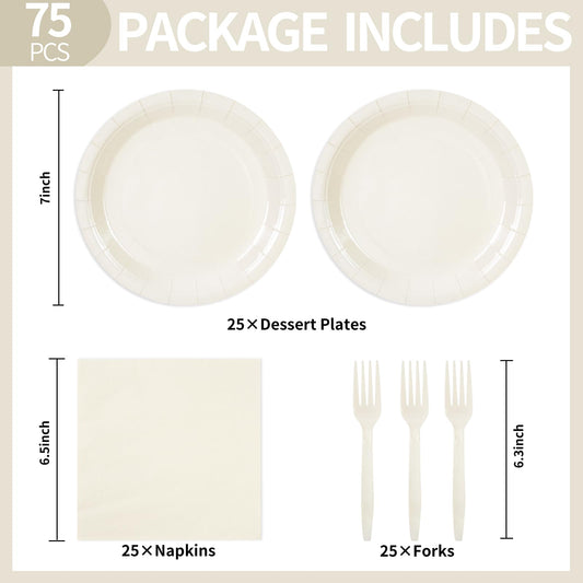 75PCS Paper Plates and Napkins Set, Lvory White Party Supplies Disposable Dinnerware Includes Paper Plates Napkins Forks Decorations for Birthday,Weddings