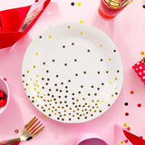 EVYIENEN 50 Pack White and Gold Paper Plates, 7 inch Metallic Foil Polka Dots Disposable Dessert Party Plates Party Supplies for Graduation Birthday Party Weddings Holiday Christmas