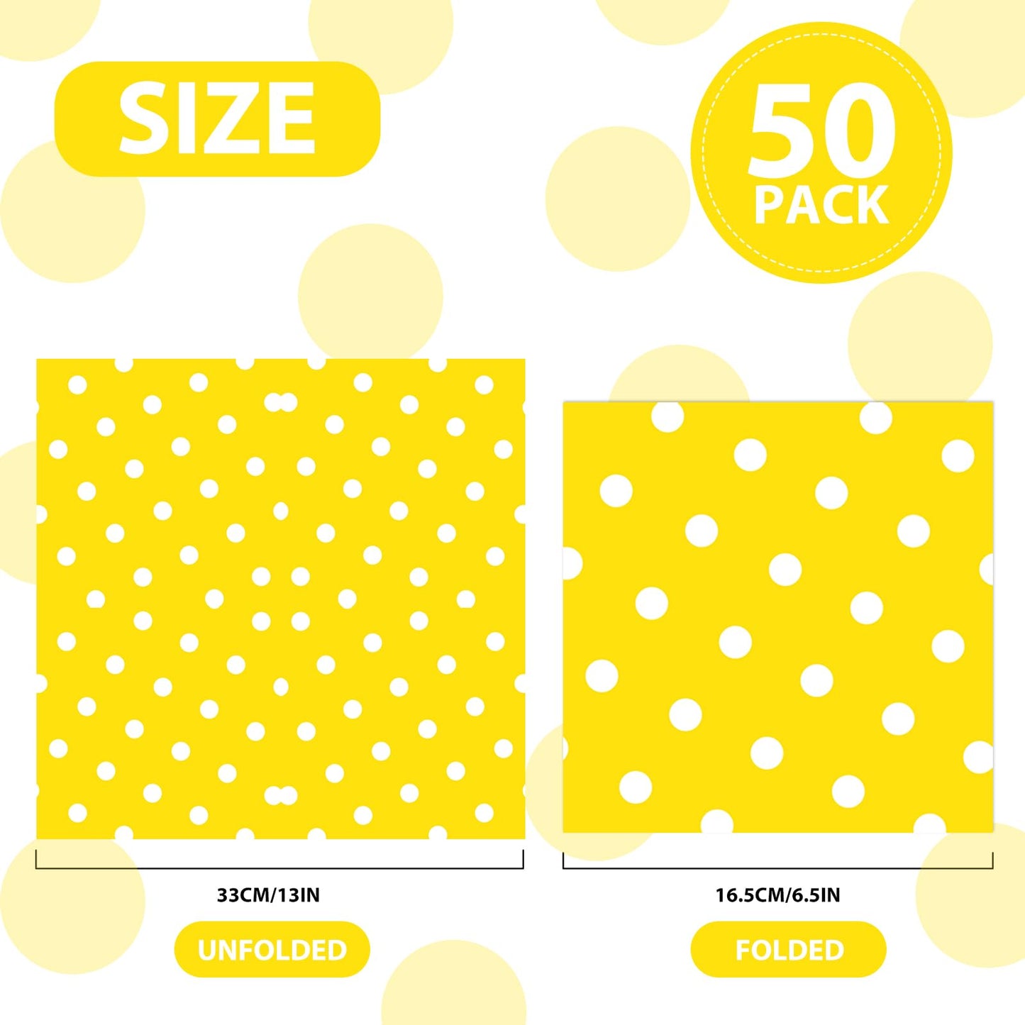 50pcs White Polka Dot Yellow Napkins, Disposable 2-Ply Cocktail & Happy Birthday Napkins, Polka Dot Party Decorations for Wedding Baby Shower Birthday Bridal Party