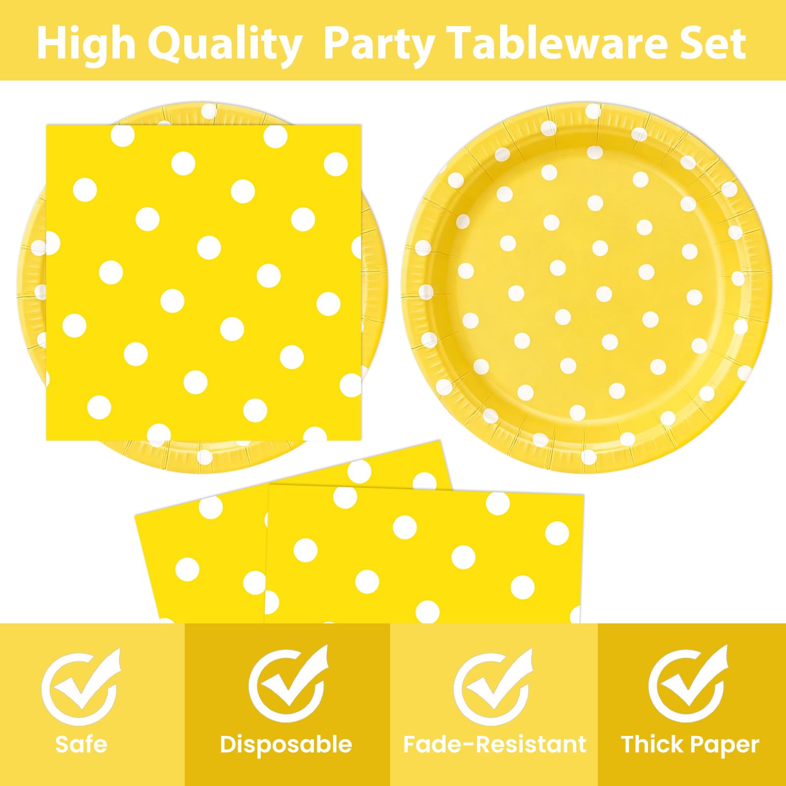 EVYIENEN 50PCS Yellow Polka Dot Paper Plates and Napkins Party Supplies, Yellow and White Party Plates and Napkins Tableware Set for Birthday Bridal & Baby Shower Wedding Party Decoration