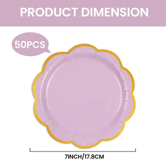 EVYIENEN 50 Pcs Purple Paper Plates,7 Inches Gold Foil Disposable Scalloped Paper Party Plates for Cake Dessert Halloween Fall Thanksgiving Birthday Wedding Baby Shower Party Decorations