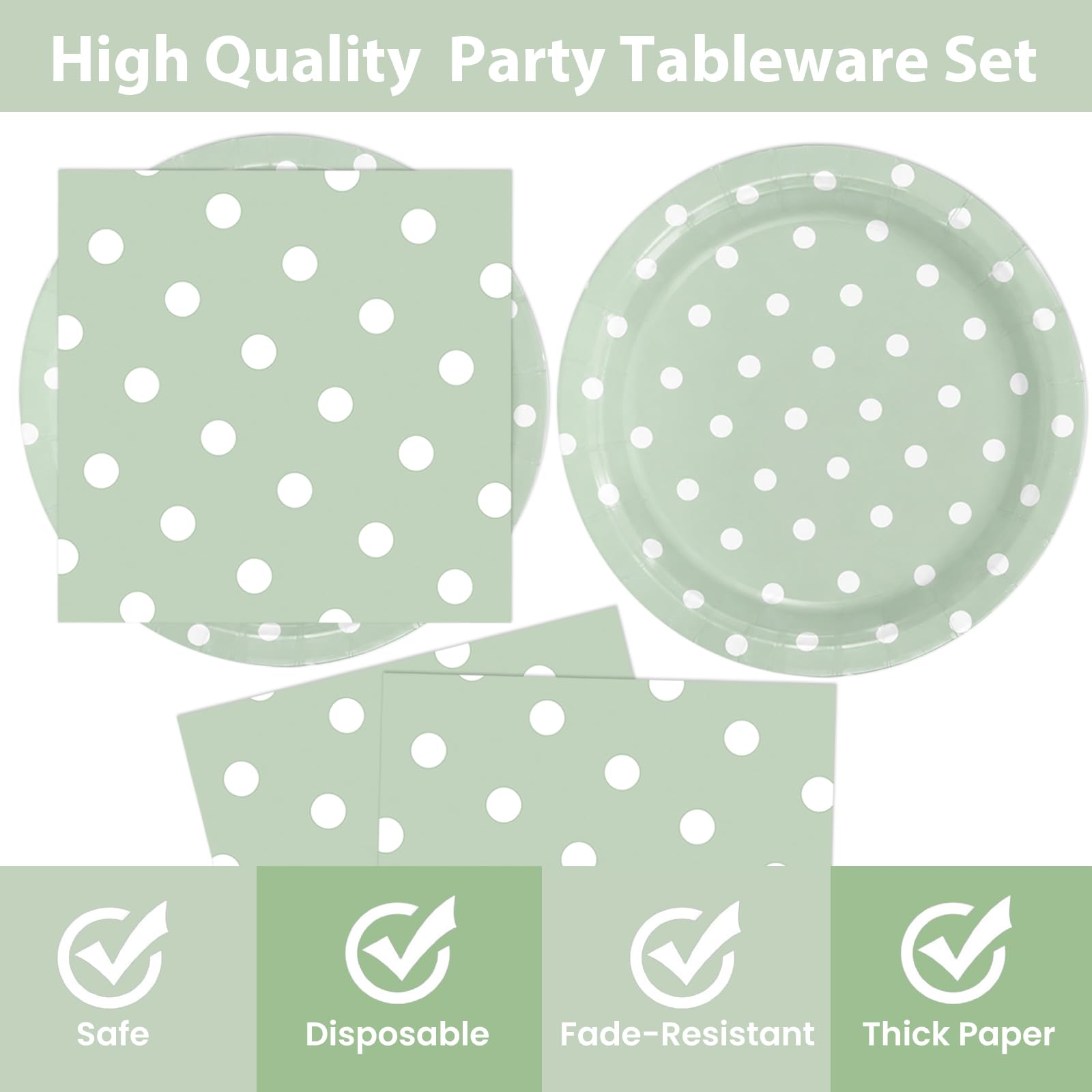 EVYIENEN 50PCS Sage Green Polka Dot Paper Plates and Napkins Party Supplies, Green and White Party Plates and Napkins Tableware Set for Birthday Bridal & Baby Shower Wedding Party Decoration
