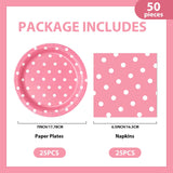 EVYIENEN 50PCS Pink Polka Dot Paper Plates and Napkins Party Supplies, Pink and White Party Plates and Napkins Tableware Set for Birthday Bridal & Baby Shower Wedding Party Decoration