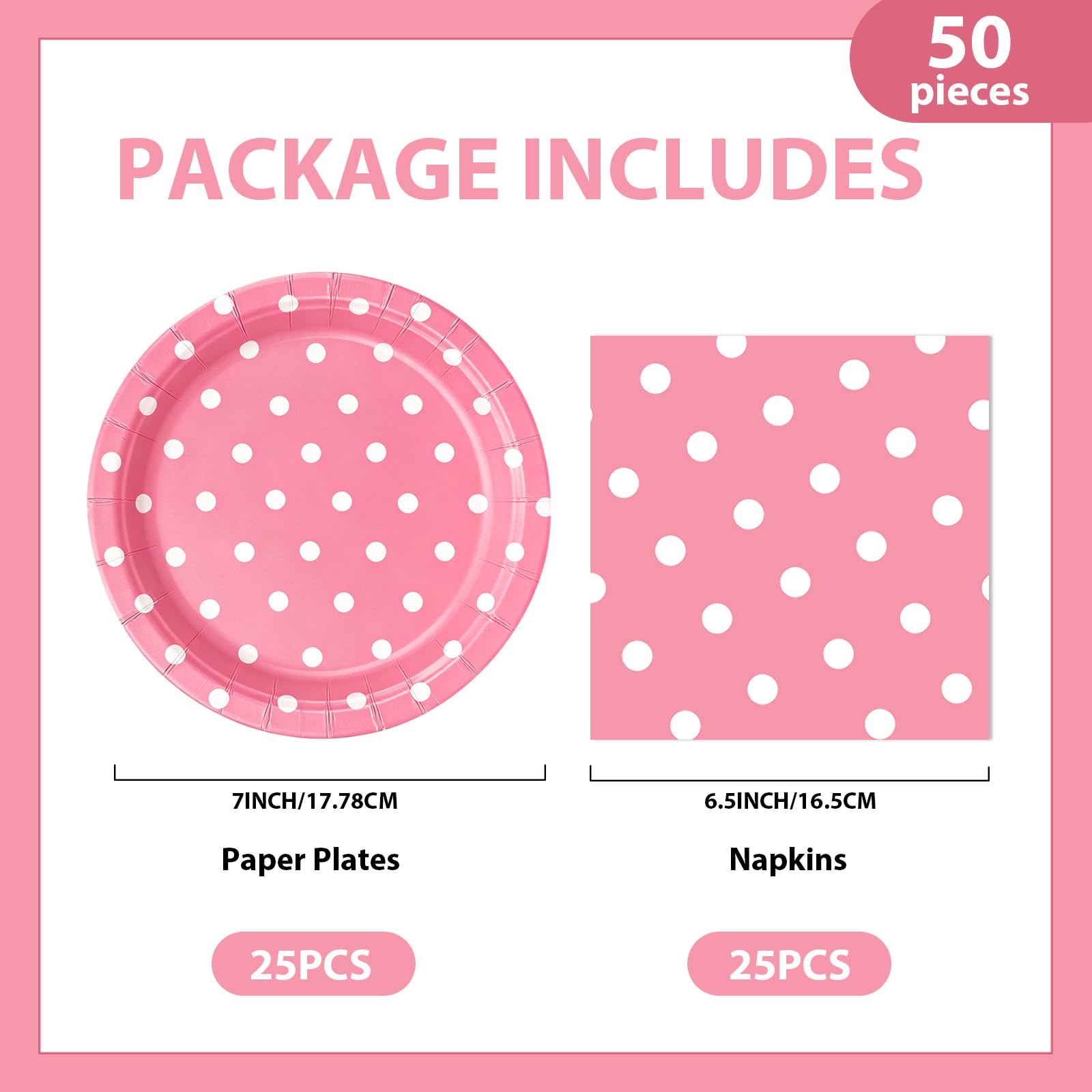 EVYIENEN 50PCS Pink Polka Dot Paper Plates and Napkins Party Supplies, Pink and White Party Plates and Napkins Tableware Set for Birthday Bridal & Baby Shower Wedding Party Decoration