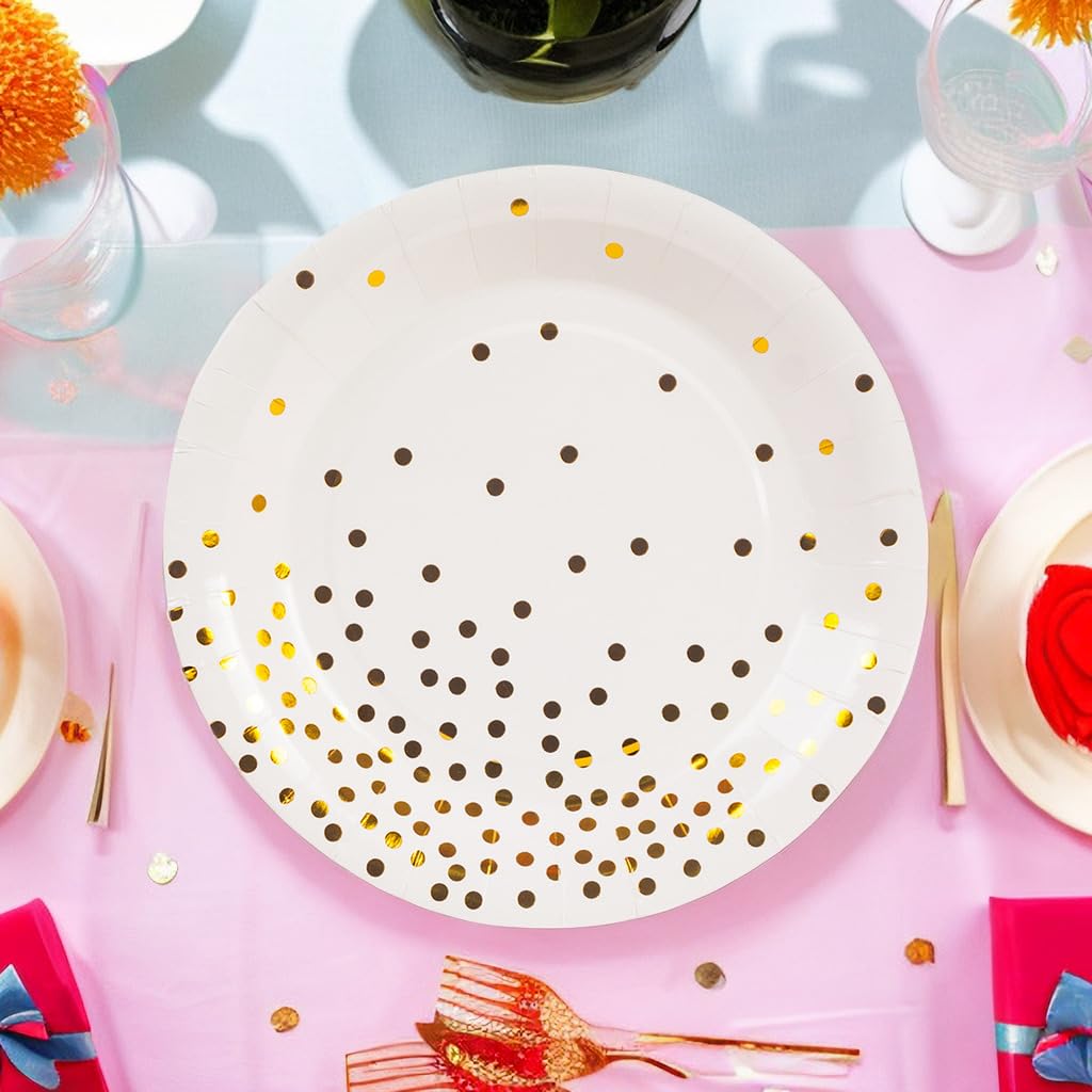 EVYIENEN 50 Pack White and Gold Paper Plates, 7 inch Metallic Foil Polka Dots Disposable Dessert Party Plates Party Supplies for Graduation Birthday Party Weddings Holiday Christmas