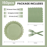 150Pcs Sage Green Paper Plates and Napkins,50 Sage Green Guest Scalloped Paper Tableware Forks Disposable Dinnerwaret Kit for Baby Shower Bridal Wedding Birthday Party New Year Decorations (7inch)