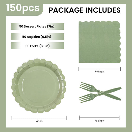 150Pcs Sage Green Paper Plates and Napkins,50 Sage Green Guest Scalloped Paper Tableware Forks Disposable Dinnerwaret Kit for Baby Shower Bridal Wedding Birthday Party New Year Decorations (7inch)