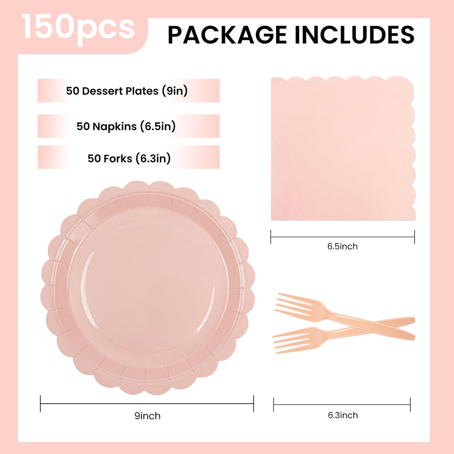 150Pcs Pink Paper Plates and Napkins,50 Guest Pink Scalloped Paper Tableware Forks Disposable Dinnerwaret Kit for Baby Shower Bridal Wedding Birthday Valentine Party New Year Decorations (9inch)