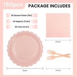 150Pcs Pink Paper Plates and Napkins,50 Guest Pink Scalloped Paper Tableware Forks Disposable Dinnerwaret Kit for Baby Shower Bridal Wedding Birthday Valentine Party New Year Decorations (9inch)