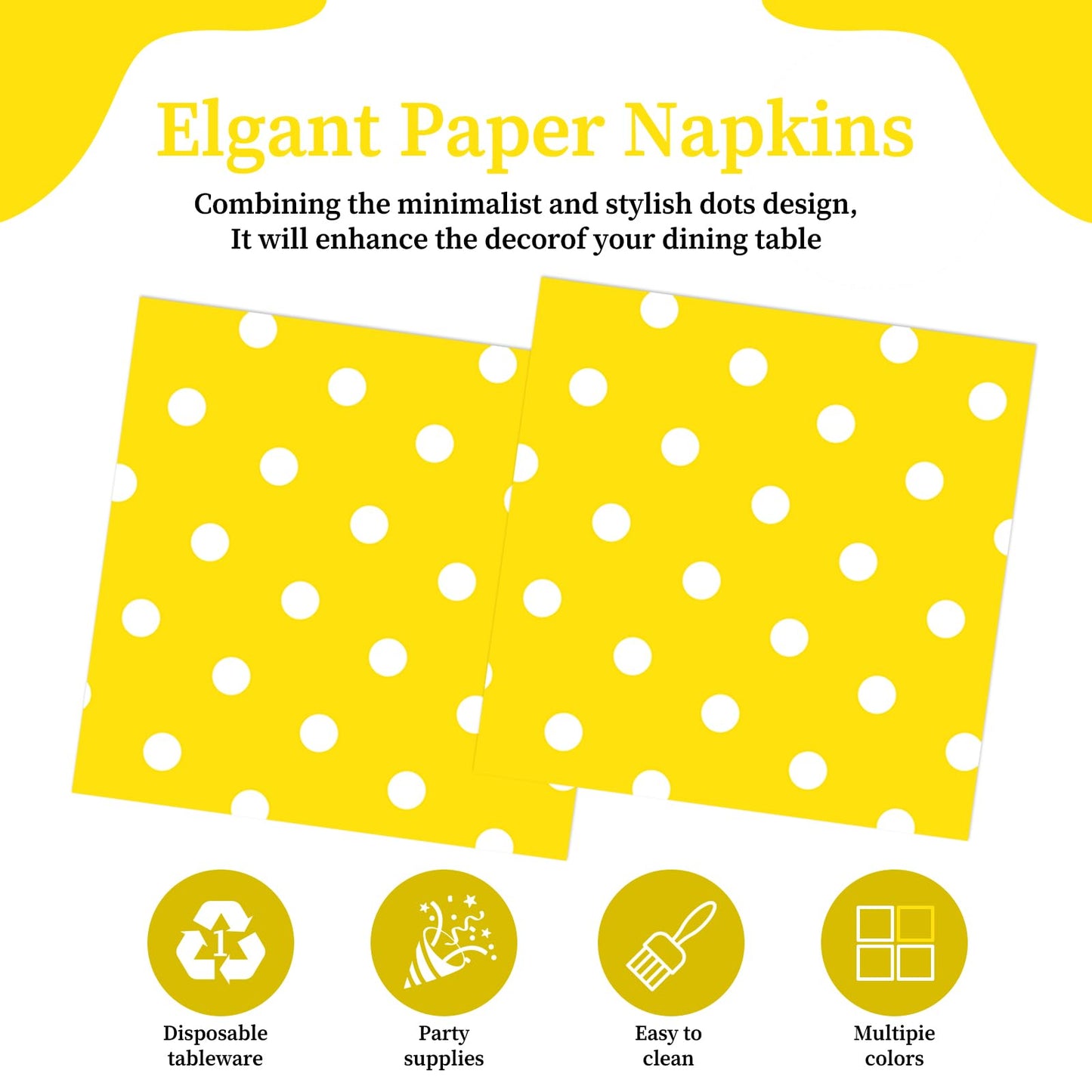 50pcs White Polka Dot Yellow Napkins, Disposable 2-Ply Cocktail & Happy Birthday Napkins, Polka Dot Party Decorations for Wedding Baby Shower Birthday Bridal Party