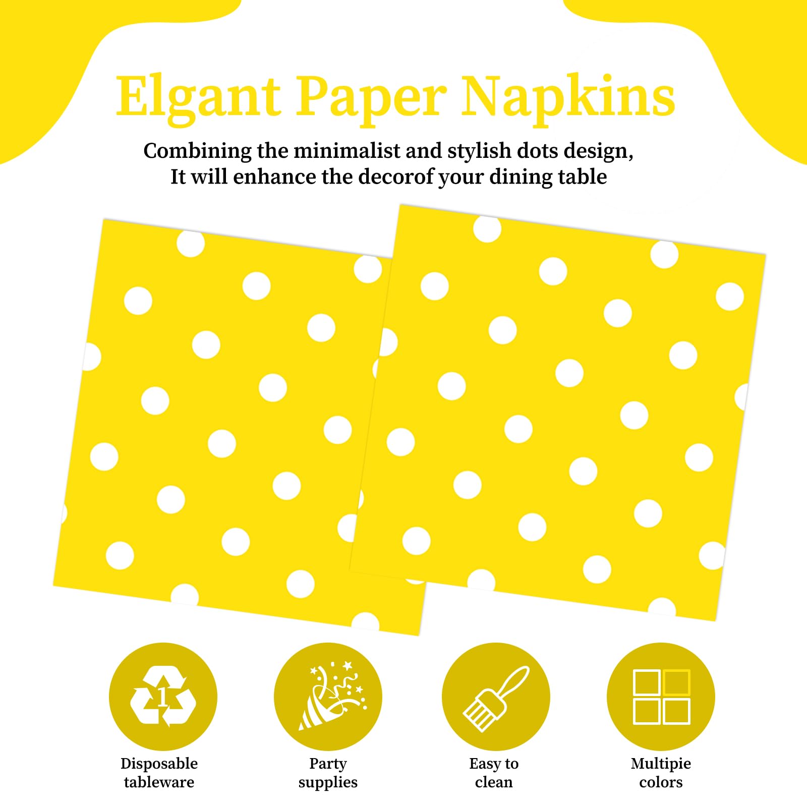 50pcs White Polka Dot Yellow Napkins, Disposable 2-Ply Cocktail & Happy Birthday Napkins, Polka Dot Party Decorations for Wedding Baby Shower Birthday Bridal Party