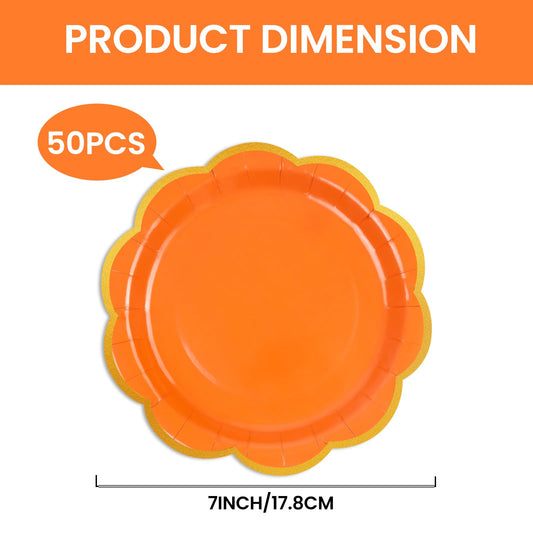 50 Pcs Orange Scalloped Paper Plates – 7 Inch Gold Foil Dessert Plates for Halloween, Fall & Thanksgiving