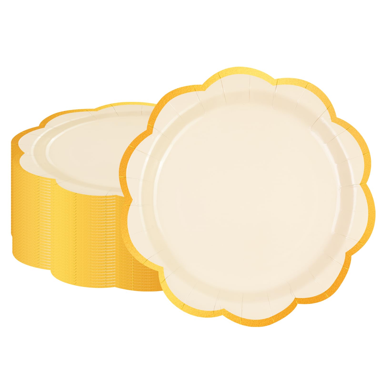 50 Pcs Yellow Scalloped Paper Plates – 9 Inch Gold Foil Party Plates for Birthdays, Weddings & Baby Showers