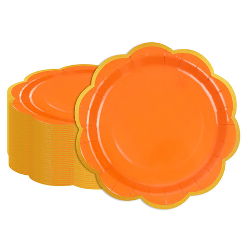 50 Pcs Orange Scalloped Paper Plates – 7 Inch Gold Foil Dessert Plates for Halloween, Fall & Thanksgiving