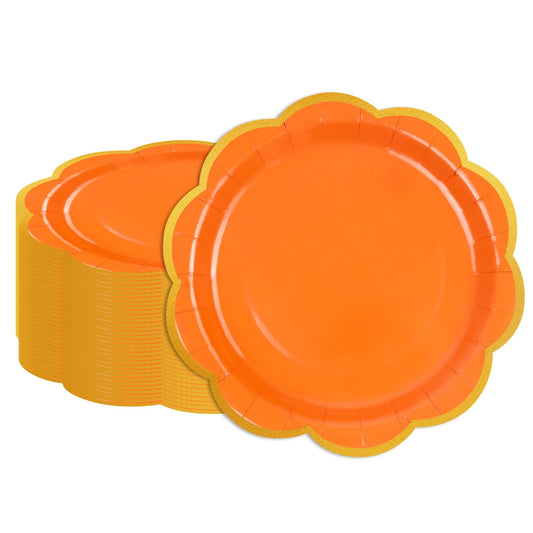 50 Pcs Orange Scalloped Paper Plates – 7 Inch Gold Foil Dessert Plates for Halloween, Fall & Thanksgiving