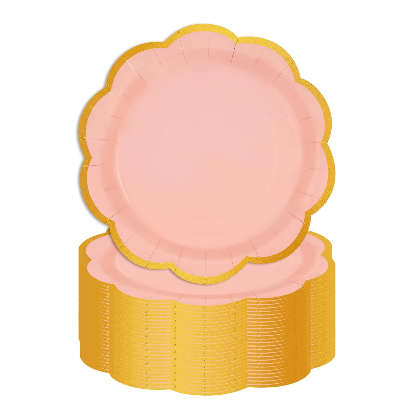 EVYIENEN 50 Pcs Pink Paper Plates,9 Inches Gold Foil Disposable Scalloped Paper Party Plates for Cake Dessert Halloween Fall Thanksgiving Birthday Wedding Baby Shower Party Decorations