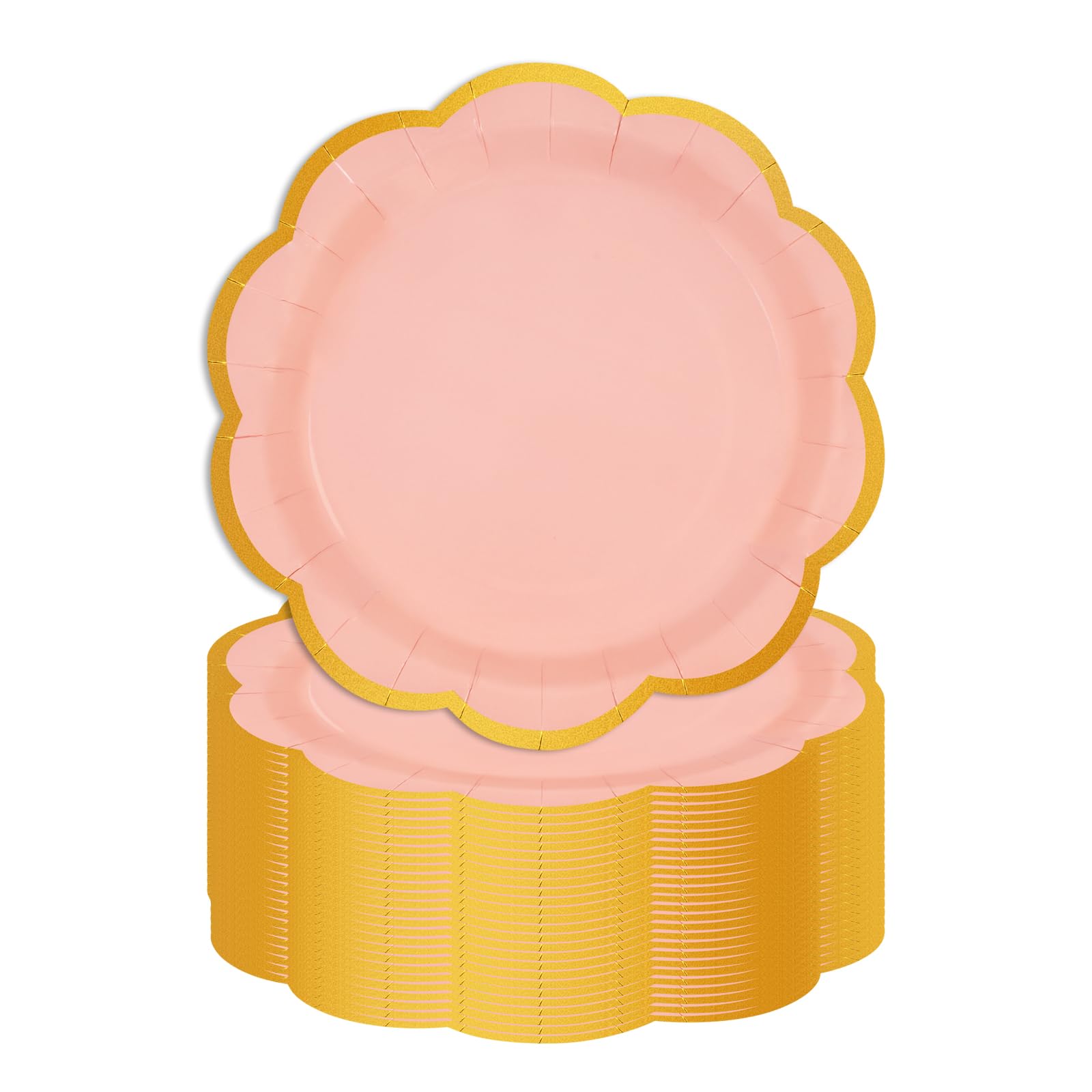 EVYIENEN 50 Pcs Pink Paper Plates,9 Inches Gold Foil Disposable Scalloped Paper Party Plates for Cake Dessert Halloween Fall Thanksgiving Birthday Wedding Baby Shower Party Decorations