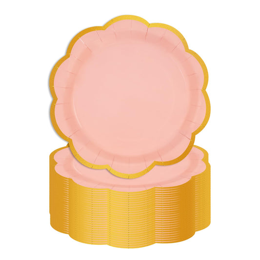 EVYIENEN 50 Pcs Pink Paper Plates,9 Inches Gold Foil Disposable Scalloped Paper Party Plates for Cake Dessert Halloween Fall Thanksgiving Birthday Wedding Baby Shower Party Decorations