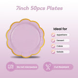 EVYIENEN 50 Pcs Purple Paper Plates,7 Inches Gold Foil Disposable Scalloped Paper Party Plates for Cake Dessert Halloween Fall Thanksgiving Birthday Wedding Baby Shower Party Decorations