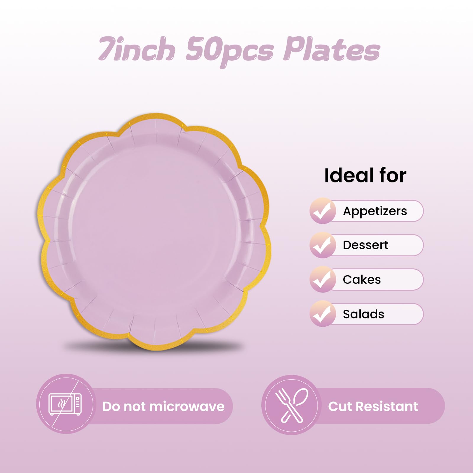 EVYIENEN 50 Pcs Purple Paper Plates,7 Inches Gold Foil Disposable Scalloped Paper Party Plates for Cake Dessert Halloween Fall Thanksgiving Birthday Wedding Baby Shower Party Decorations