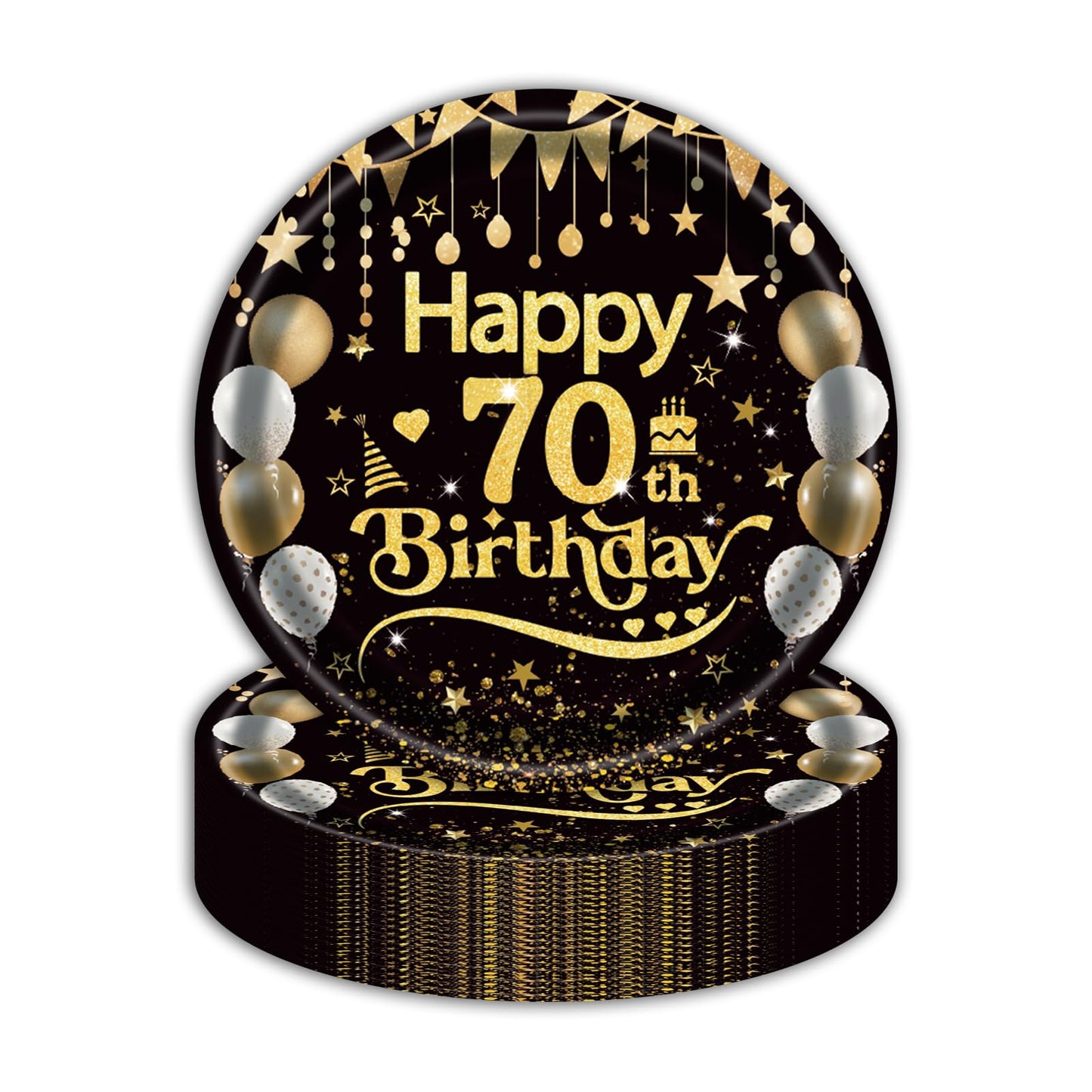 EVYIENEN 50Pcs 70th Birthday Party Paper Plates,7inch Disposable Black and Gold Dessert Party Plates Party Decorations for Men Woman 70th Happy Birthday Wedding Party Supplies