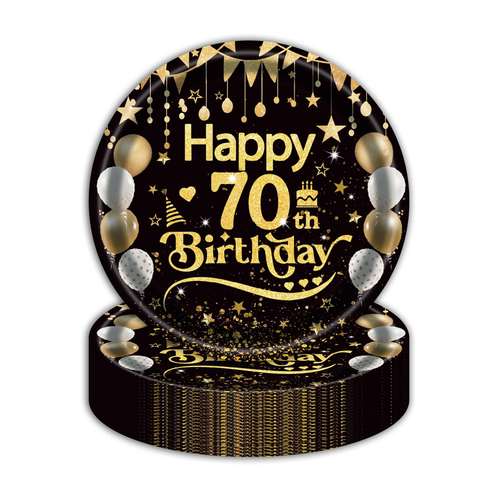 EVYIENEN 50Pcs 70th Birthday Party Paper Plates,7inch Disposable Black and Gold Dessert Party Plates Party Decorations for Men Woman 70th Happy Birthday Wedding Party Supplies