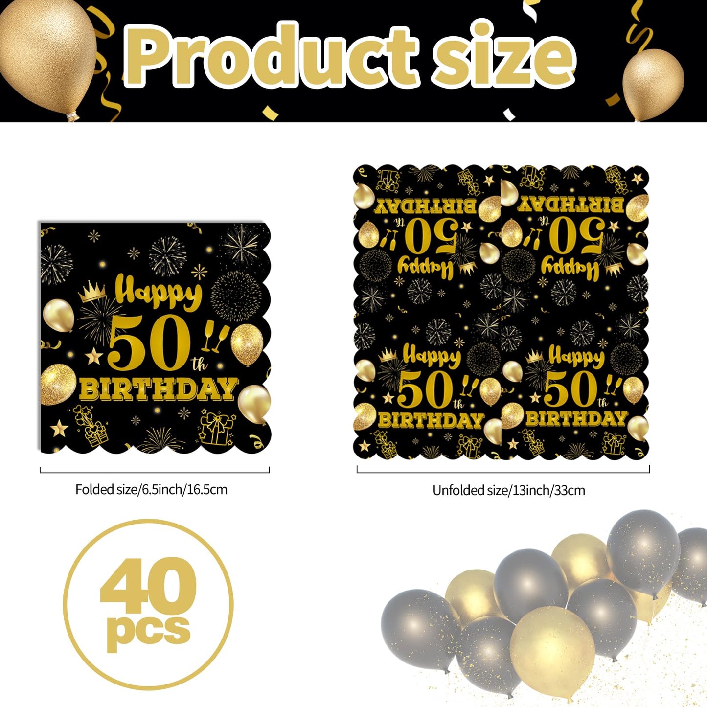 50pcs 40th Birthday Paper Napkins,13 x 13 inch Black and Gold Scalloped Dessert Cocktail Napkins Disposable Party Men Women Napkins 540th Birthday Decorations
