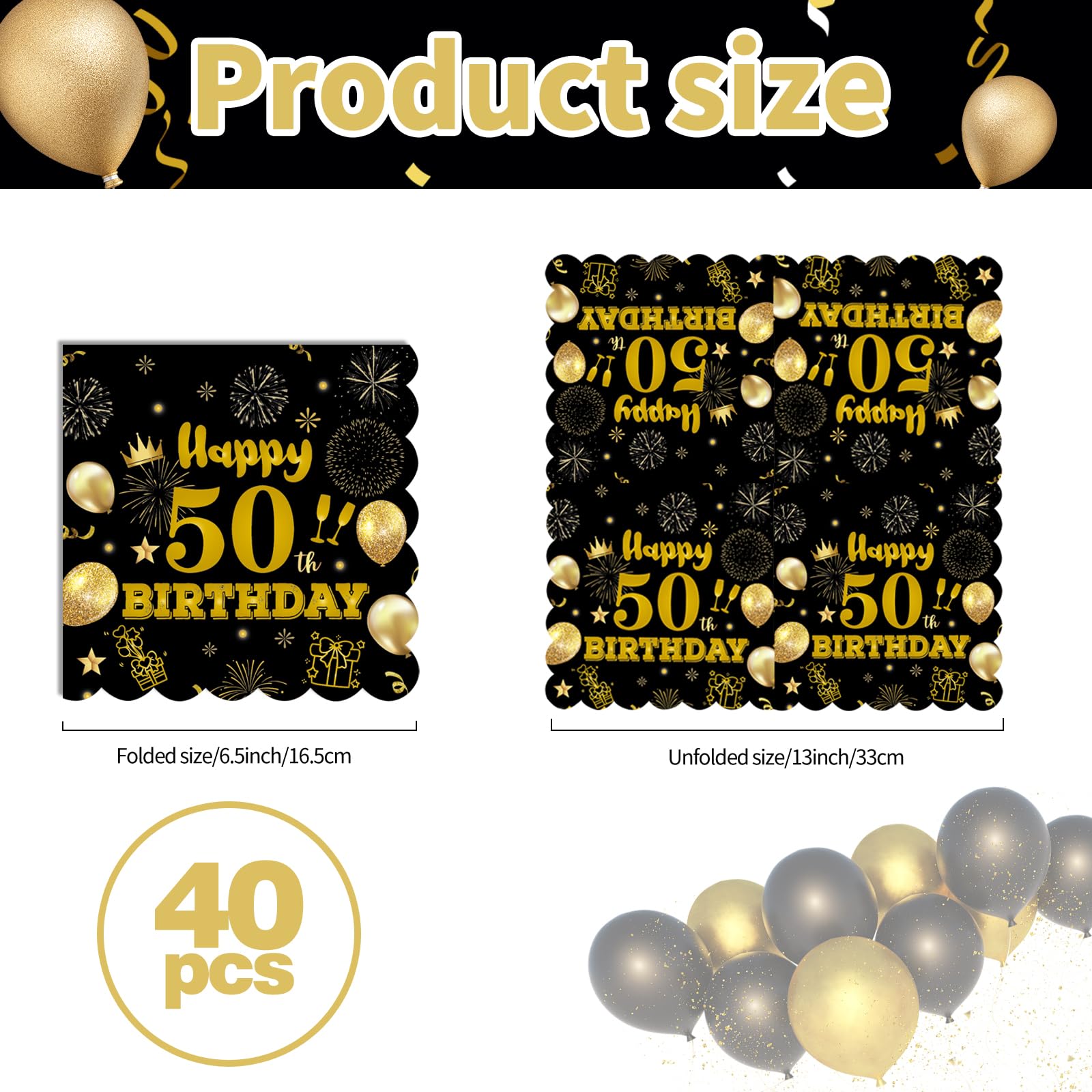 50pcs 40th Birthday Paper Napkins,13 x 13 inch Black and Gold Scalloped Dessert Cocktail Napkins Disposable Party Men Women Napkins 540th Birthday Decorations