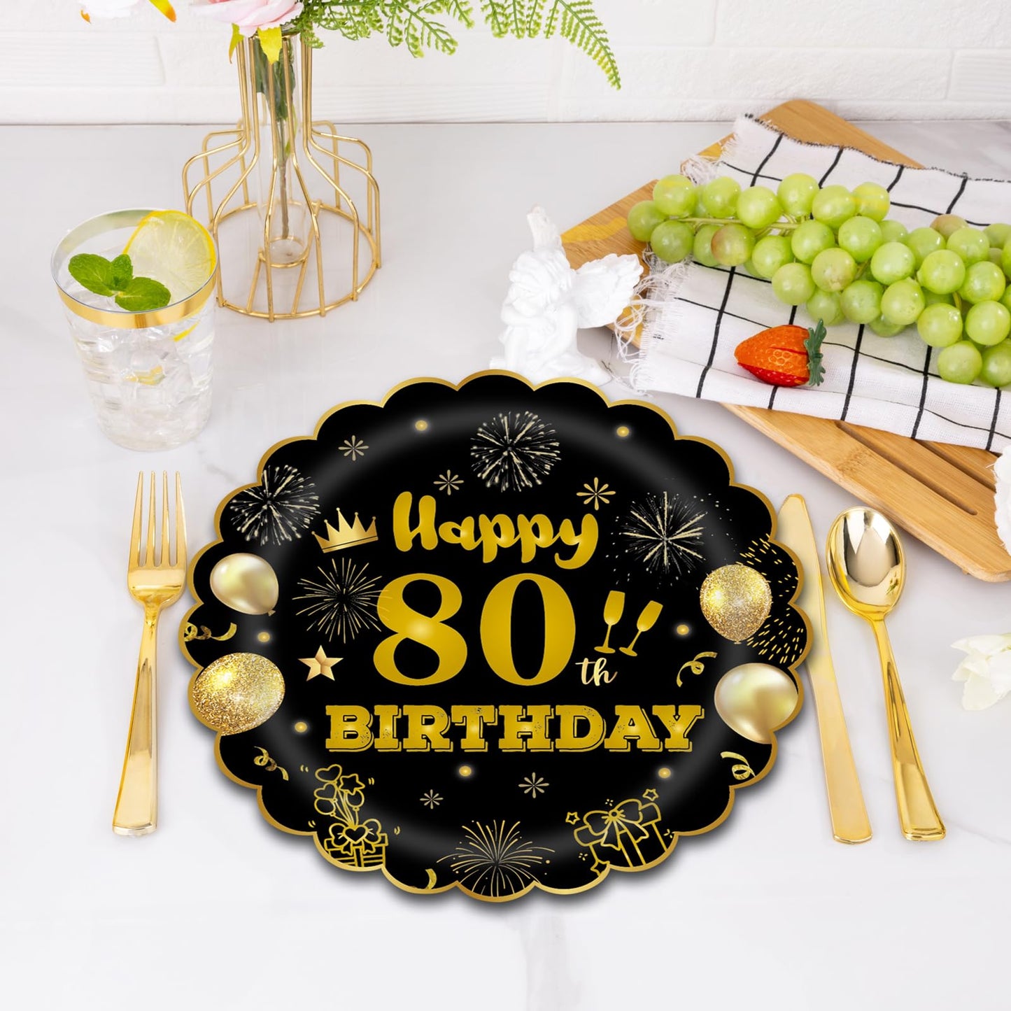 EVYIENEN 50Pcs 80th Birthday Party Paper Plates,7inch Disposable Black and Gold Scalloped Dessert Party Plates for Birthday Wedding Anniversary Reception Event Decorations