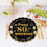 EVYIENEN 50Pcs 80th Birthday Party Paper Plates,7inch Disposable Black and Gold Scalloped Dessert Party Plates for Birthday Wedding Anniversary Reception Event Decorations