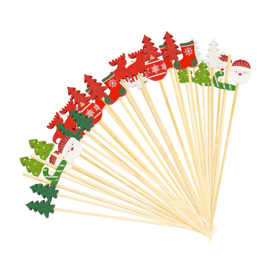 100 Pcs Christmas Cocktail Picks,4.7inch Santa Claus Snowflake Bamboo Stir Sticks Appetizer ToothPicks Decorative for Fruit Drink Food Birthday Christmas Party Supplies