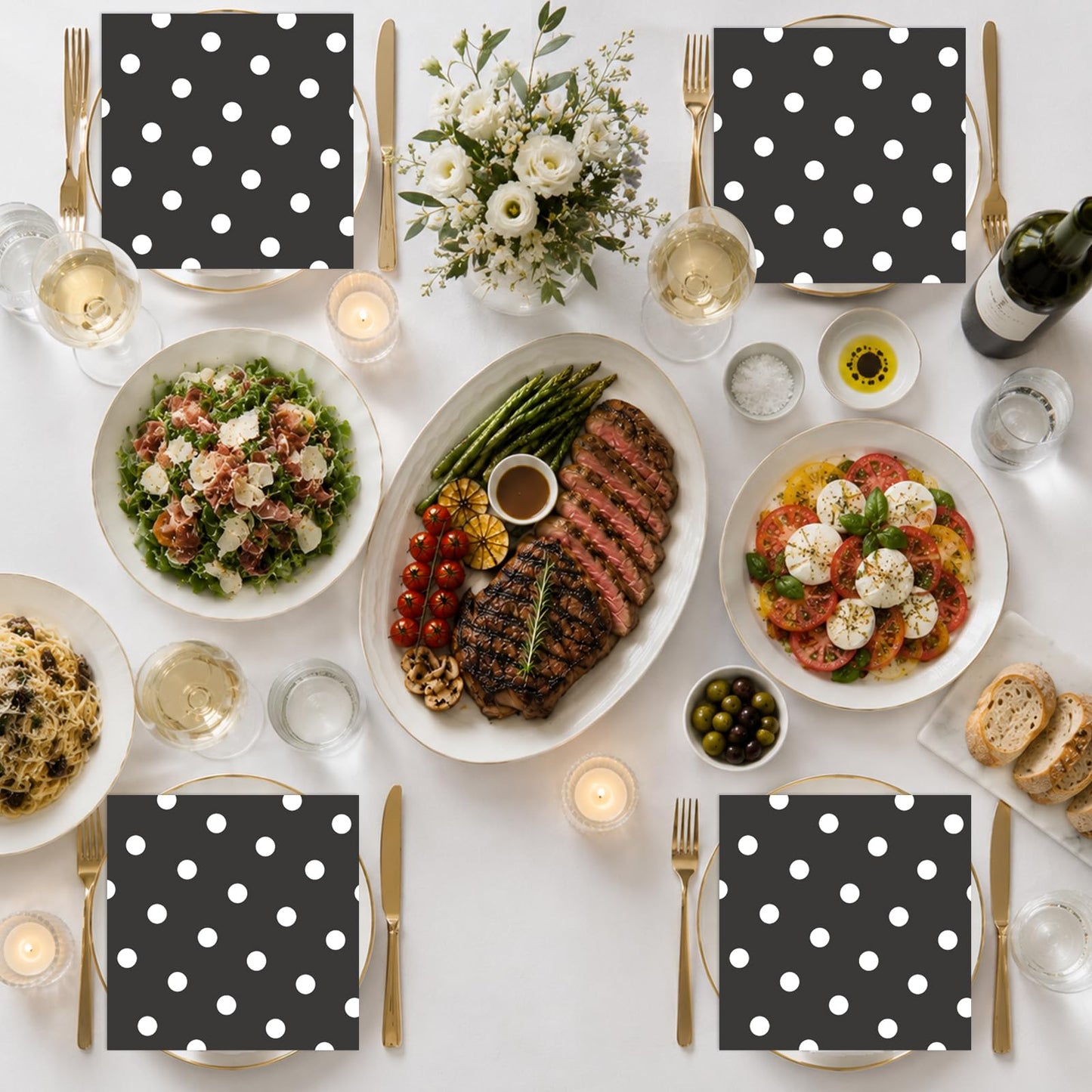50pcs White Polka Dot Black Napkins, Disposable 2-Ply Cocktail & Happy Birthday Napkins, Polka Dot Party Decorations for Wedding Baby Shower Birthday Bridal Party