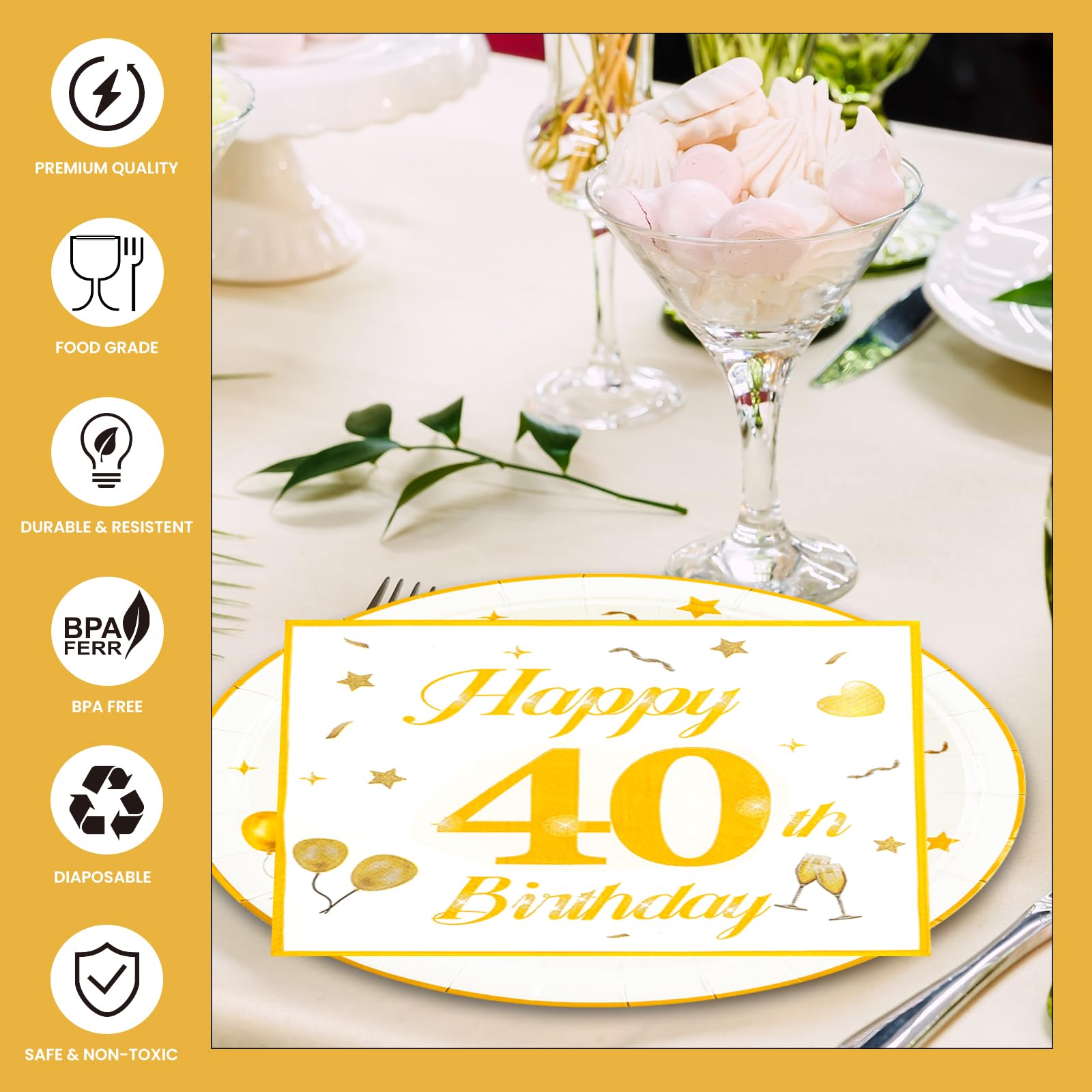 EVYIENEN 50PCS 40th Happy Birthday Plates and Napkins,7 Inch Premium Wihte and Gold Birthday Dessert Cake Plates Party and Cocktail Napkin for Men and WomenTable Anniversary Decoration
