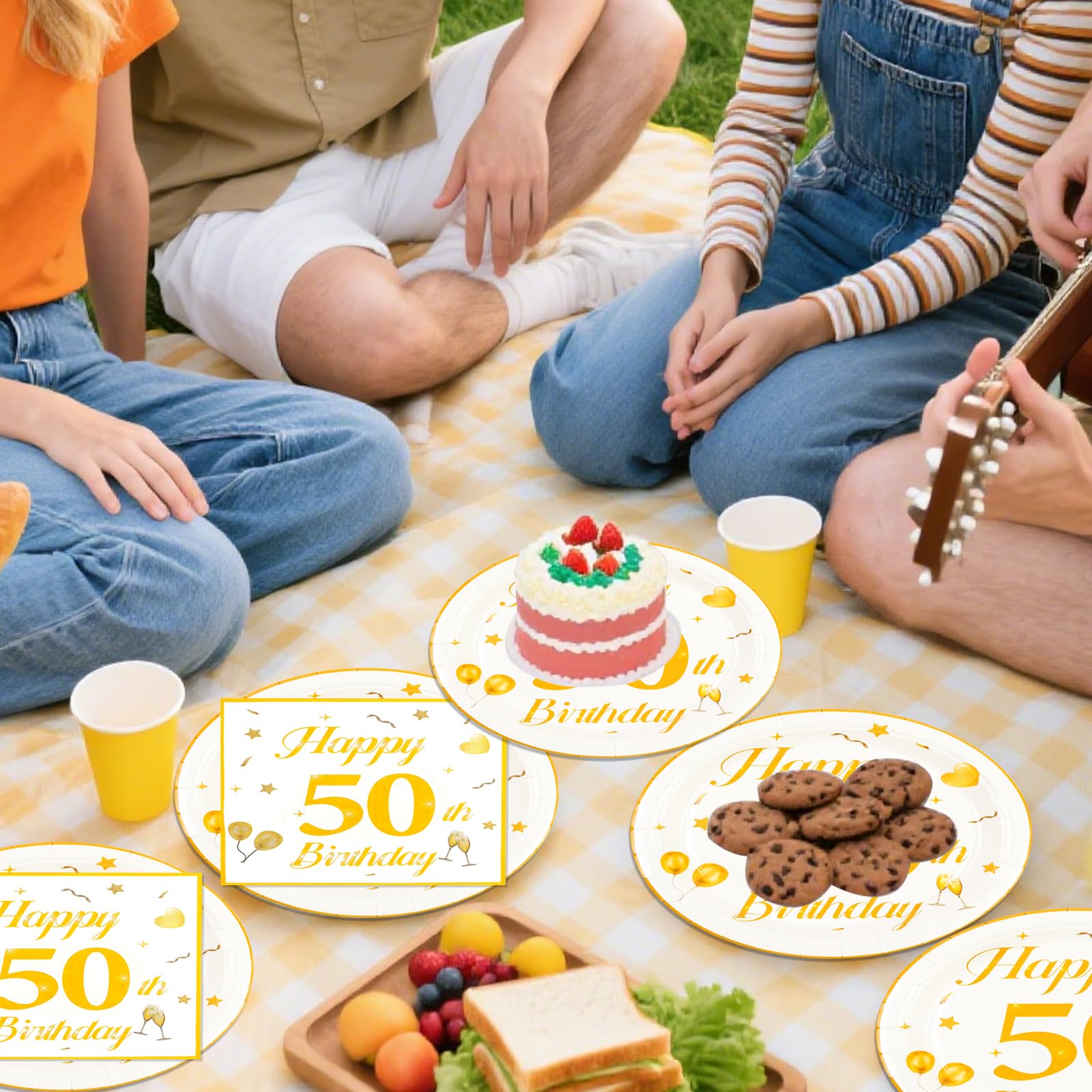 EVYIENEN 50PCS 50th Happy Birthday Plates and Napkins,7 Inch Premium Wihte and Gold Birthday Dessert Cake Plates Party and Cocktail Napkin for Men and Women Table Anniversary Decoration