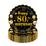 EVYIENEN 50Pcs 80th Birthday Party Paper Plates,7inch Disposable Black and Gold Scalloped Dessert Party Plates for Birthday Wedding Anniversary Reception Event Decorations