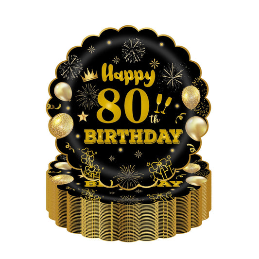 EVYIENEN 50Pcs 80th Birthday Party Paper Plates,7inch Disposable Black and Gold Scalloped Dessert Party Plates for Birthday Wedding Anniversary Reception Event Decorations