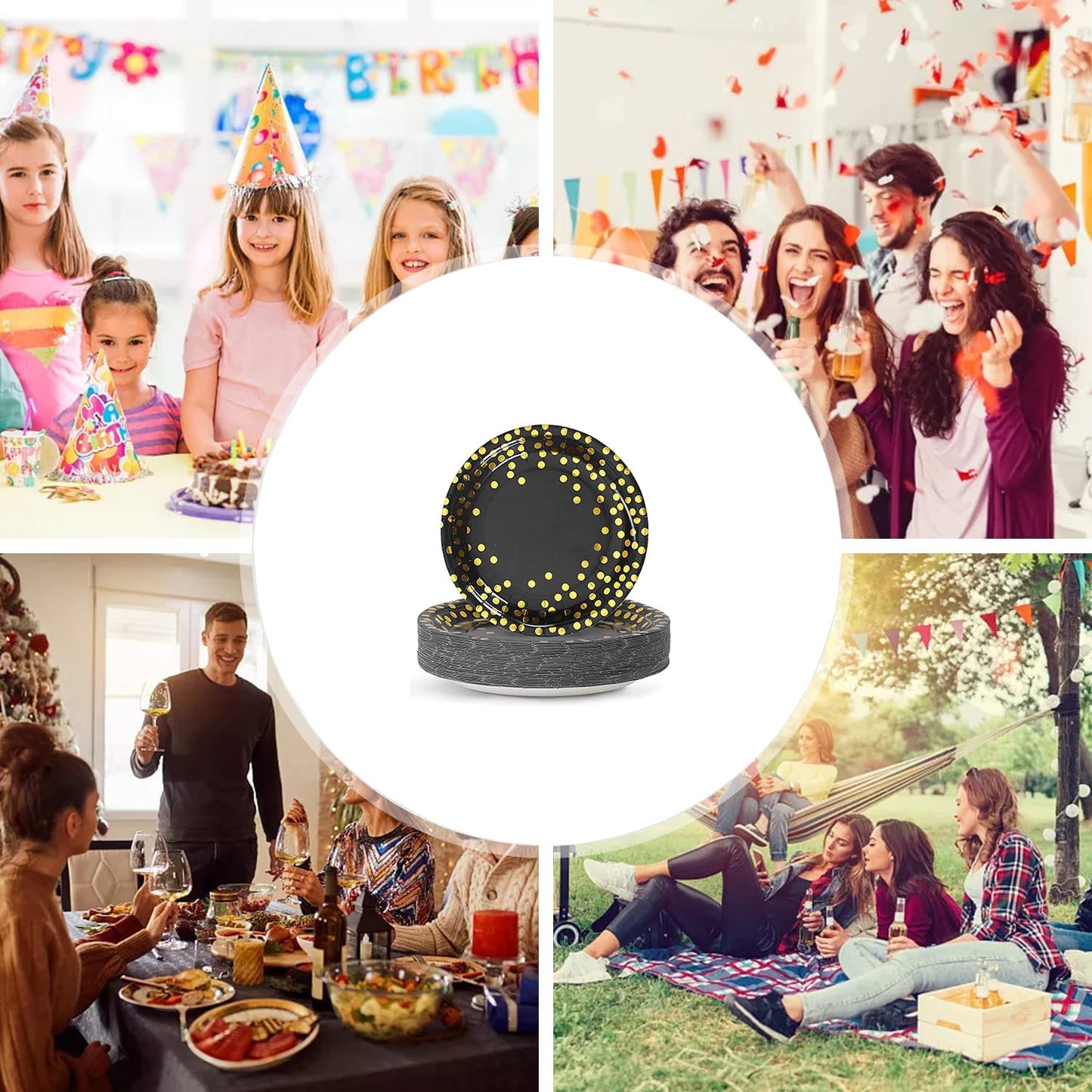 EVYIENEN 50 Pack Black and Gold Paper Plates, 7inch Metallic Foil Polka Dots Disposable Dessert Party Plates Party Supplies for Graduation Birthday Party Weddings Holiday