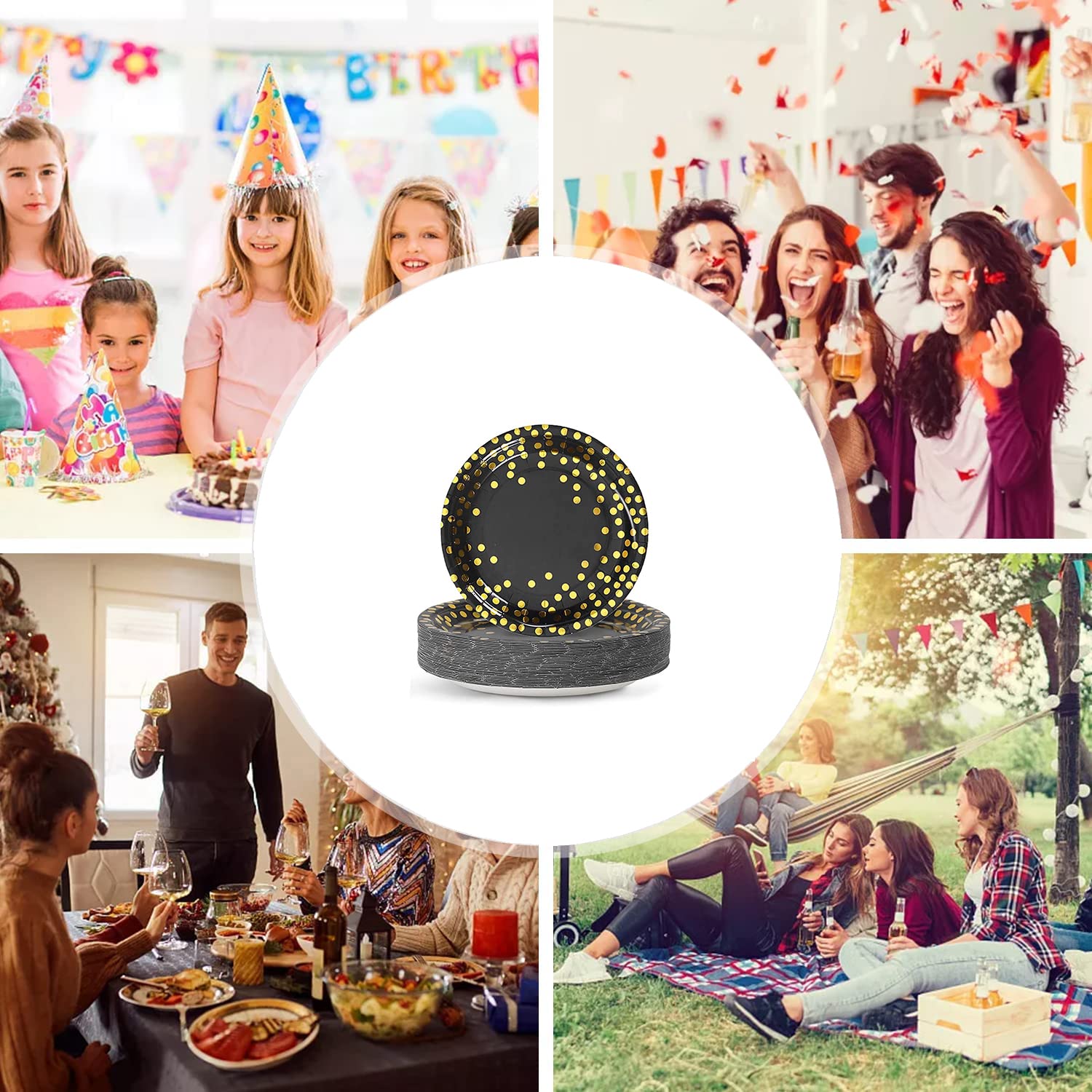 EVYIENEN 50 Pack Black and Gold Paper Plates, 7inch Metallic Foil Polka Dots Disposable Dessert Party Plates Party Supplies for Graduation Birthday Party Weddings Holiday