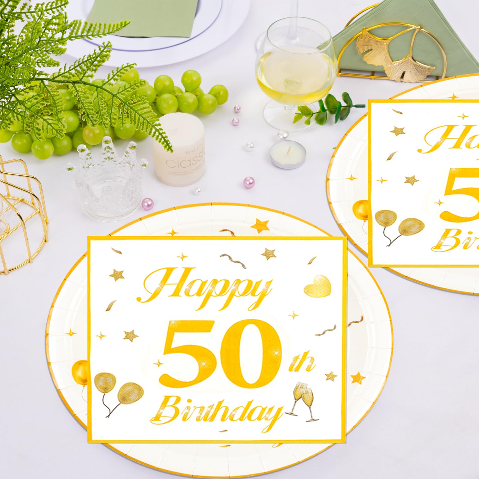 EVYIENEN 50PCS 50th Happy Birthday Plates and Napkins,7 Inch Premium Wihte and Gold Birthday Dessert Cake Plates Party and Cocktail Napkin for Men and Women Table Anniversary Decoration