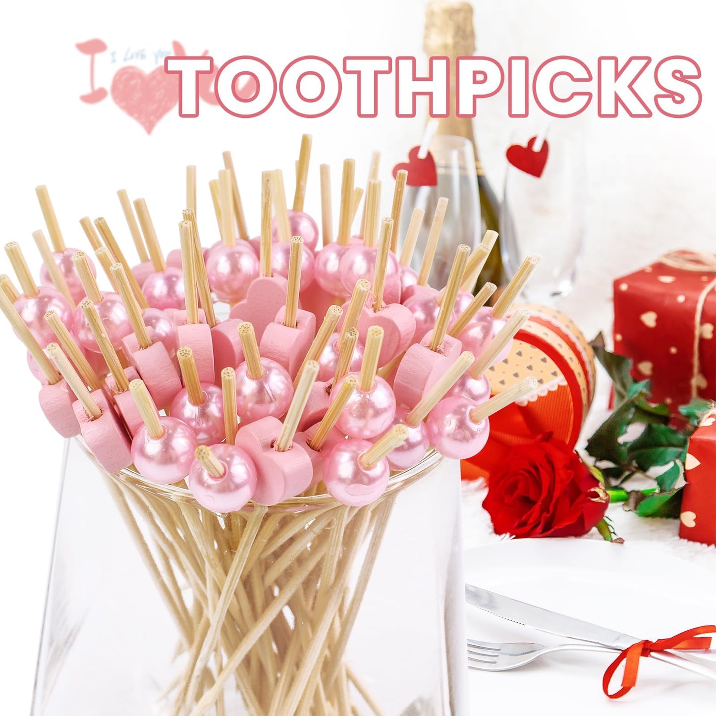 100 Counts Heart Shaped Pearl Fancy Cocktail Picks,4.7 Inch Handmade Bamboo Cocktail Toothpicks for Party Food Fruit Drinks Day Decoration Party Supplies