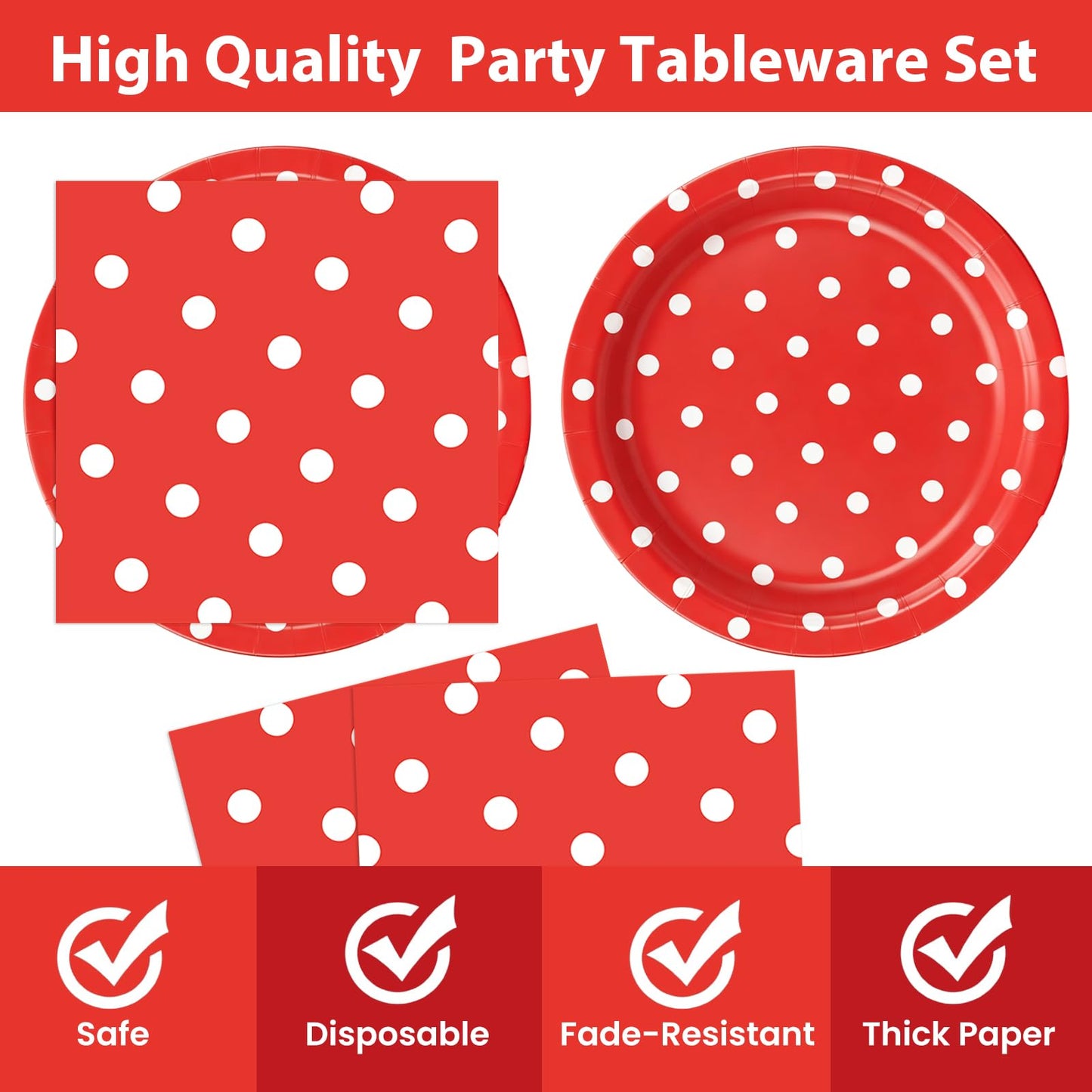EVYIENEN 50PCS Red Polka Dot Paper Plates and Napkins Party Supplies,Red and White Party Plates and Napkins Tableware Set for Birthday Bridal & Baby Shower Wedding Party Decoration