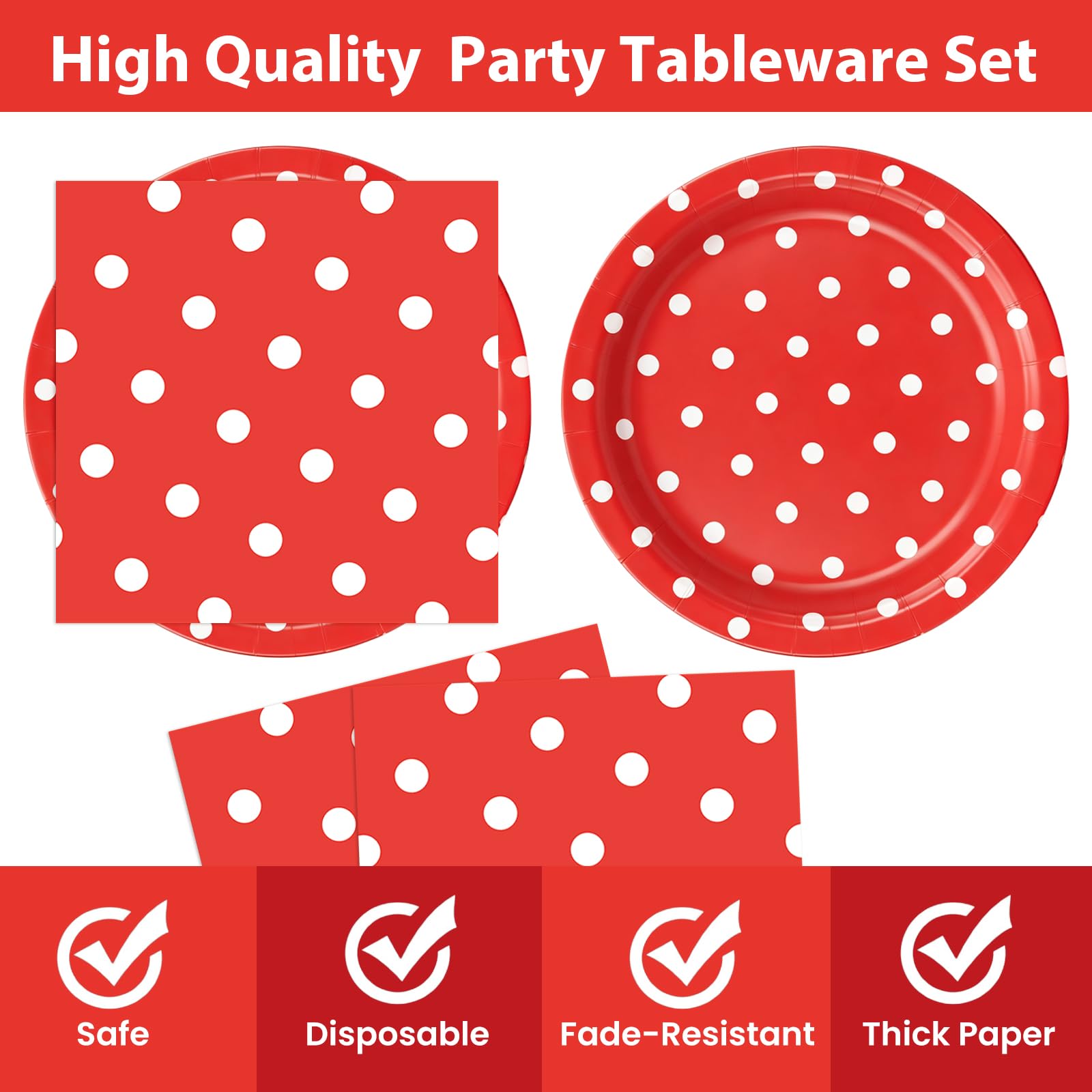 EVYIENEN 50PCS Red Polka Dot Paper Plates and Napkins Party Supplies,Red and White Party Plates and Napkins Tableware Set for Birthday Bridal & Baby Shower Wedding Party Decoration