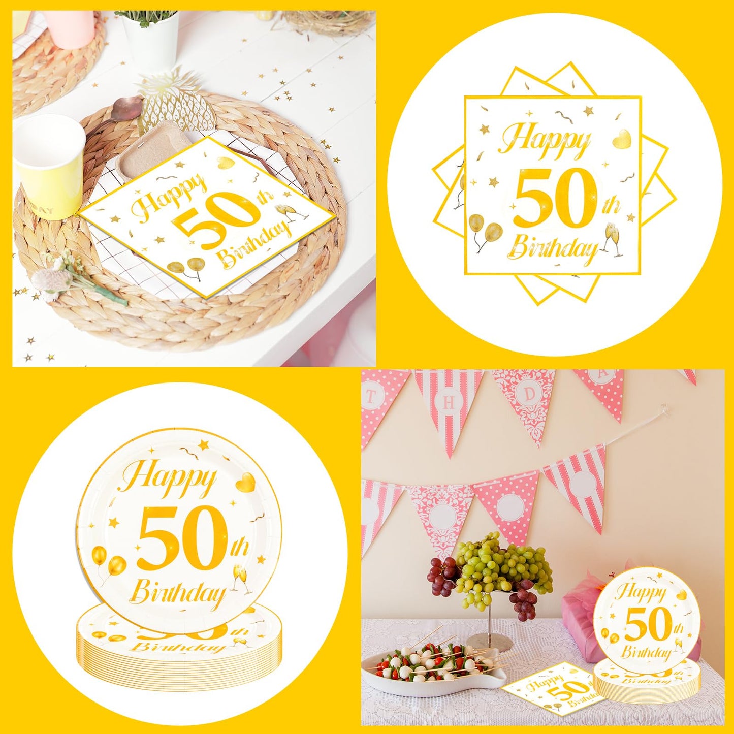 EVYIENEN 50PCS 50th Happy Birthday Plates and Napkins,7 Inch Premium Wihte and Gold Birthday Dessert Cake Plates Party and Cocktail Napkin for Men and Women Table Anniversary Decoration