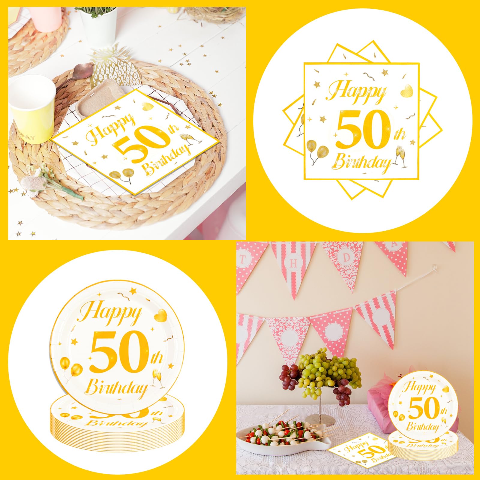 EVYIENEN 50PCS 50th Happy Birthday Plates and Napkins,7 Inch Premium Wihte and Gold Birthday Dessert Cake Plates Party and Cocktail Napkin for Men and Women Table Anniversary Decoration